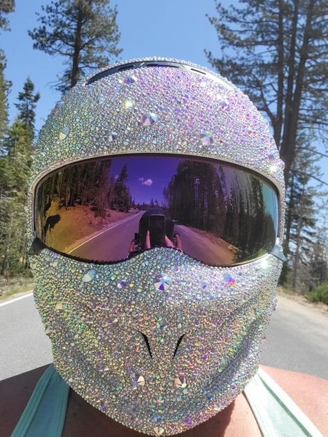 Bling helmet made by Ashley Goodwin Pretty Motorcycle Helmet, Bedazzled Motorcycle Helmet, Moter Cycle Helmets Women, Rhinestone Motorcycle, Sport Bike Helmets, Decorated Motorcycle Helmet, Rhinestone Motorcycle Helmet, Women Riding Motorcycles, Princess Painting