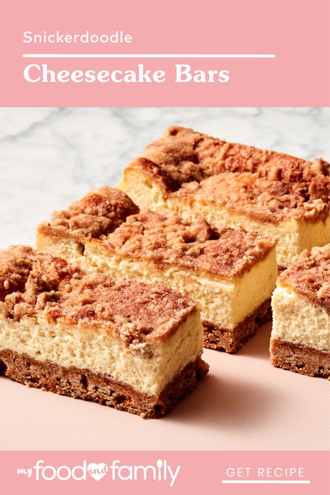 For a dessert that’s sure to delight, try these delicious Snickerdoodle Cheesecake Bars! Put this tasty treat together with cinnamon, PHILADELPHIA Cream Cheese, vanilla, BREAKSTONE’S Sour Cream, eggs, and sugar. Philadelphia Mini Cheesecakes, Snickerdoodle Cheesecake Bars, Philly Cheesecake, Snickerdoodle Cheesecake, Snickerdoodle Bars, Cream Eggs, Philadelphia Recipes, Lemon Cheesecake Bars, Cheesecake Bar Recipes