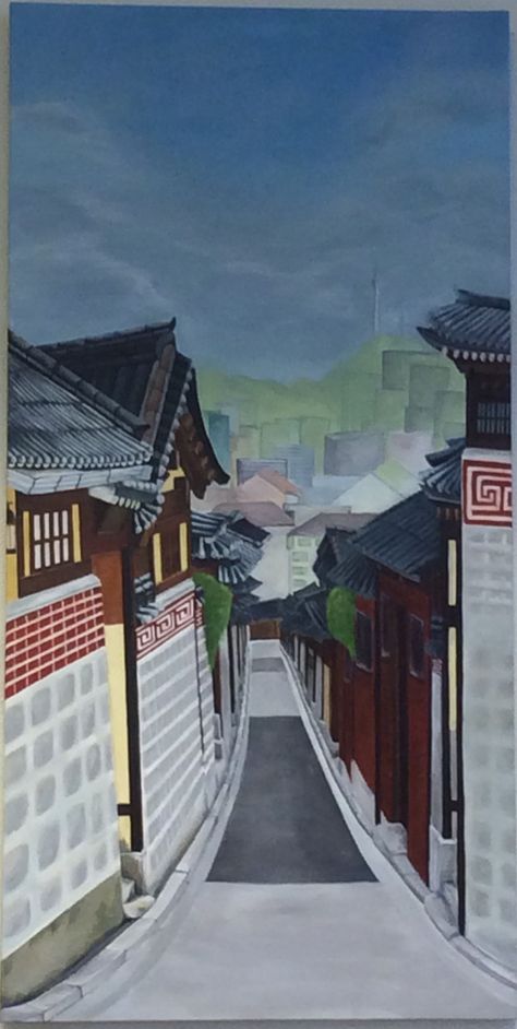 Korean Landscape Drawing, Korean Symbols, Korea Painting, Tongyeong, Korean Architecture, Village Drawing, Hanok Village, Bukchon Hanok Village, Korean Painting