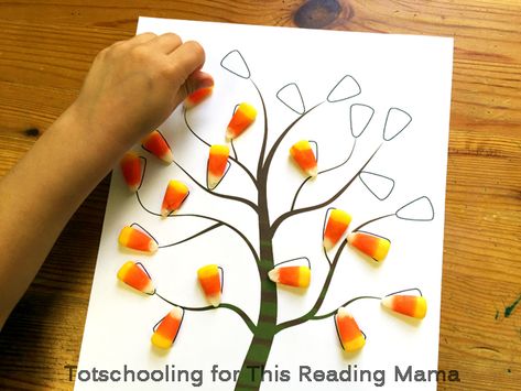 fall tree candy corn activity Corn Preschool Activities, Fall Tree Crafts For Kids, Corn Preschool, Corn Activity, Halloween Homeschool, Tree Crafts For Kids, Corn Crafts, Aba Activities, Candy Corn Crafts