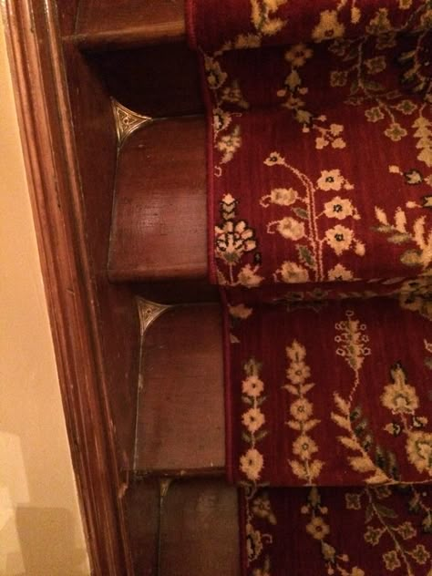 Dust corners for stairs. Victorian. Awesome! Staircase Dust Corners, Stair Corner Protectors, Victorian Dust Corners, Victorian Stair Dust Corners, Stair Corner Dust, Brass Dust Corners, Stair Dust Covers, Stair Corner, Goth Staircase