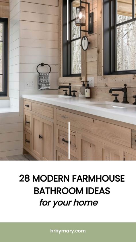 Check out these beautiful 28 Modern Farmhouse Bathroom Ideas. The modern farmhouse style has got to be my favorite! I’m a big fans of cute modern farmhouse houses niched in US states like Tennessee so it’s probably what influences me! Modern Farmhouse Bathroom Remodel Ideas, Double Vanity Farmhouse Bathroom, Hickory Bathroom Vanity Master Bath, Magnolia Home Bathroom Ideas, Farmhouse Bathroom With Wood Vanity, Modern Farmhouse Guest Bath, Modern Farmhouse Bathroom Double Vanity, Mobile Home Bathroom Remodel Master Bath Farmhouse, Bathrooms With Natural Wood Vanity