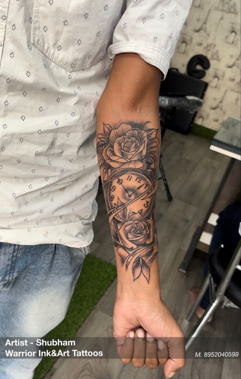 Clock Forearm Tattoos For Women, Flower And Clock Tattoo Men, Roses Arm Tattoo Men, Mens Rose Arm Tattoo, Rose Tattoo On Arm Men, Men Roses Tattoo, Tattoo Ideas For Men Clock, Flower Tattoo Forearm Men, Clock Tattoo With Roses