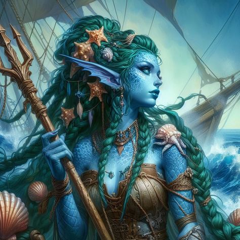 Triton Character Art, Merfolk Dnd, Dnd Water Genasi Female, Sea Elf Female Dnd, Sea Elves, Dnd Concept Art, Dnd Family, Mer Folk, Water Elf