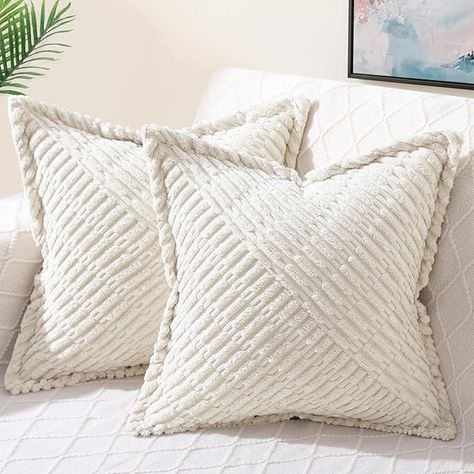 Amazon.com: decorUhome Decorative Cream White Throw Pillow Covers 18x18 Set of 2 with Splicing, Boho Soft Corduroy Broadside Twill Pillow Covers for Couch Bed Sofa Living Room : Home & Kitchen Bed Sofa Living Room, Neutral Pillow Covers, Corduroy Texture, Modern Pillow Covers, White Throw Pillow, Couch Pillow Covers, Neutral Pillows, Boho Throw Pillows, White Throw