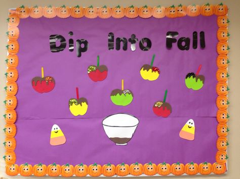 Fall bulletin board with candy apples Candy Apple Classroom Door, Candy Apple Bulletin Board Ideas, Bulletin Board Fall Ideas, Fridge Board, Apple Bulletin Boards, Fall Bulletin Board Ideas, House Themes, October Bulletin Boards, Apple Classroom