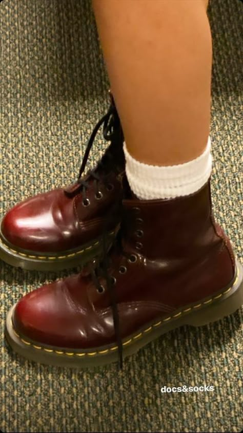 Red Docs Aesthetic, Fall Red Aesthetic Outfit, Burgundy Docs Outfit, Dark Red Doc Martens, Cherry Doc Martens Outfit, Red Docs Outfits, Red Dr Martens Outfit, Red Boots Aesthetic, Downtown Girl Shoes