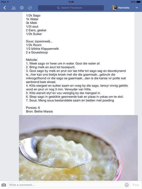 Sago Poeding met Klappermelk Sago Poeding Resep, Sago Pudding South African, Afrikaans Recipes, Sago Pudding, Pudding Recipes Homemade, Sago Recipes, Cape Malay, African Dessert, Food Traditional