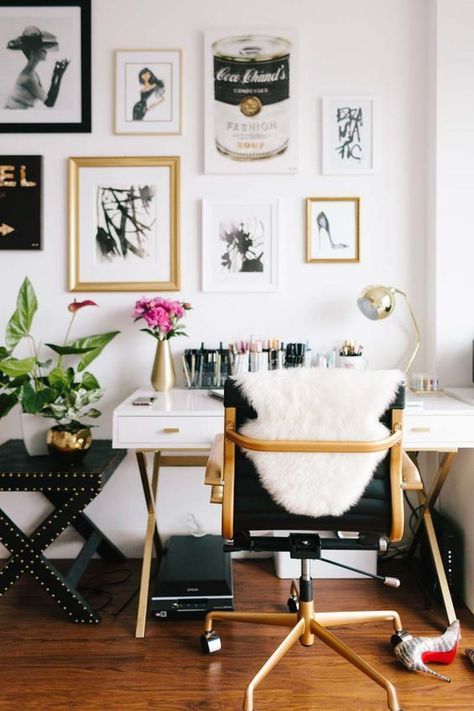 Black, White, Gold & Pink Dressing Room Inspiration | Finding Silver Linings Studio Apartment Design, Office Architecture, Home Office Inspiration, Design Blogs, Chic Office, Home Office Space, Trendy Home, A Desk, Office Inspiration