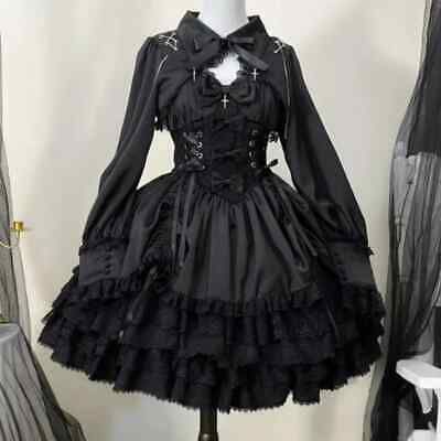 Women Punk Gothic Lolita Dress Dress Sweet Lace Bow Dresses Cosplay Costume  | eBay Cute Goth Fashion, Black Lolíta Dress, Casual Punk Fashion, Goth Quinceanera Dress, Gothic Japanese Fashion, Lolíta Dresses, Dresses With Pants, Goth Witch Costume, Frilly Clothes