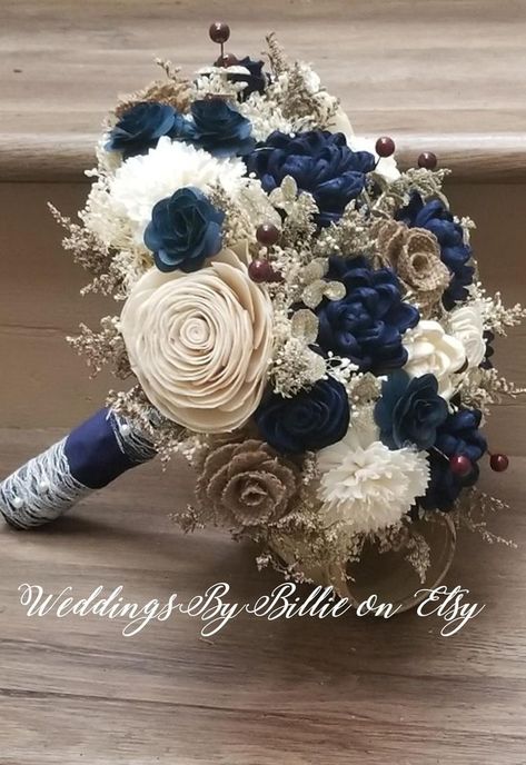 Navy Blue And Champagne Bouquet, Bridget Wedding, Wood Flowers Wedding, Champagne Wedding Flowers, Navy Blue Wedding Theme, Dance Flowers, Champagne Wedding Colors, Eco Flowers, Gold Bouquet