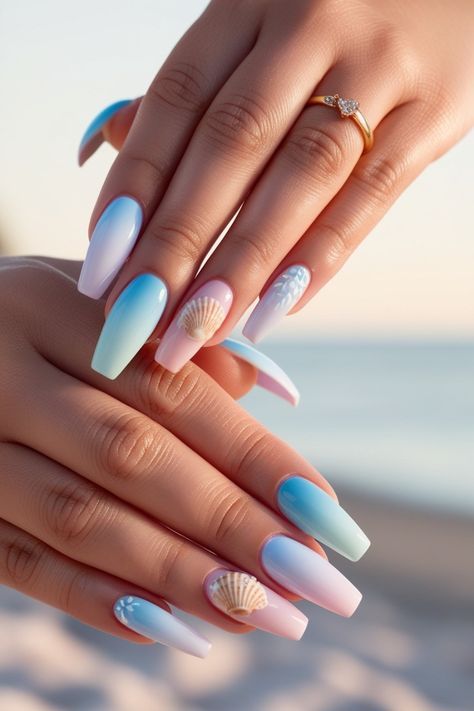 Colorful Beach Nails, Pastel French Tip Nails, Pastel French Tip, Ombre French Tips, Cruise Nails, Beach Nail Designs, Beach Nail, Tropical Nails, Elegant Nail Art