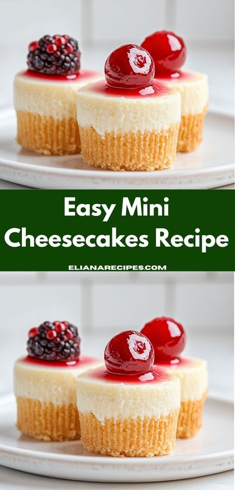 Craving a delightful dessert? These Mini Cheesecakes are the perfect sweet treat, bursting with creamy flavor and topped with your favorite fruits. They're easy to make, ideal for family gatherings or special occasions. Mini Crustless Cheesecakes, Toppings For Mini Cheesecakes, Small Cheesecake Recipe No Bake, Small Batch Mini Cheesecakes, Mini Pineapple Cheesecake, Cream Cheese Recipes Dessert Easy Simple, Easy Small Dessert Recipes, Fruit Topping For Cheesecake, 9x13 Cheesecake Recipes