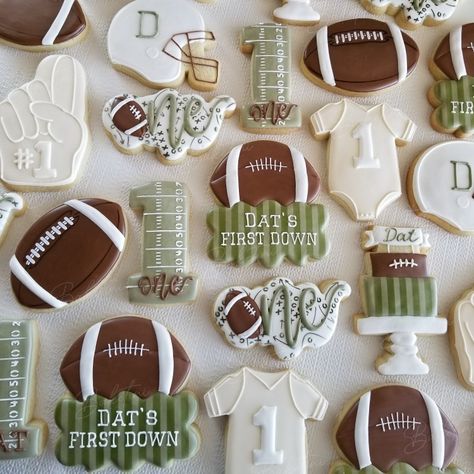 Baby’s First Birthday Ideas For Boys, First Down Bday Party, One Year Football Birthday, Football 3rd Birthday Party, Football Cookies Birthday, 1st Birthday Football Cookies, Football Birthday Party Cookies, First Year Down Birthday Theme, First Year Down Football Cookies