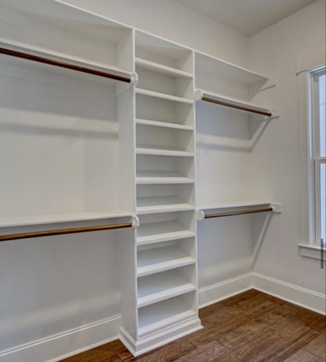 One Wall Master Closet Design, Simple Master Closet Layout, Closet Designs Long Narrow, Custom Shelving Closet, Closet Setup Layout, 12x6 Walk In Closet Layout, Rectangular Closet Layout, French Country Walk In Closet, Closet With Black Shelves