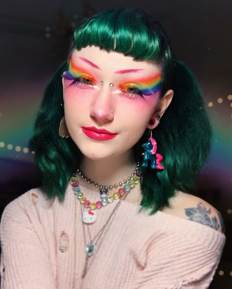 Rainbow Looks Makeup, 70s Rainbow Fashion, Pastel Goth Eyeshadow, Rainbow Brite Makeup, Lady Rainicorn Cosplay, Alt Pride Makeup, Rainbow Goth Makeup, Goth Pride Makeup, Rainbow Face Makeup