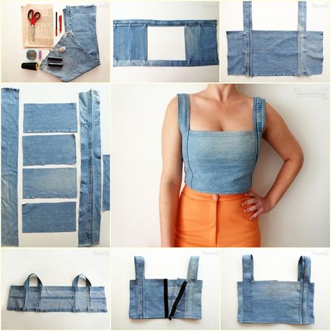 Thinking of altering the denim crop top pattern to make it a military-style crop, but all in all this is such a cute pattern to begin with Pola Top, Crop Top Sewing Pattern, Diy Crop Top, Diy Jeans, Crop Top Pattern, Diy Vetement, Denim Crop Top, Diy Fashion Clothing, Denim Diy