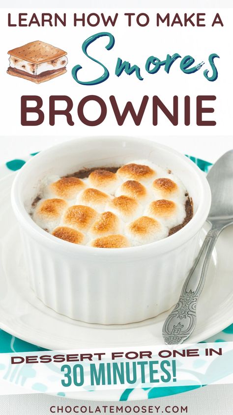 Learn How to Make a Smores Brownie! This simple dessert for one is ready to eat in just 30 minutes. Rich semisweet chocolate, gooey marshmallows, and a hint of vanilla create a decadent dessert experience. Perfectly baked in an individual ramekin for a personal touch, each bite combines fudgy goodness with a campfire favorite. Individual Desserts In Ramekins, Recipes In Ramekins, Ramican Deserts, Ramekin Brownie, Brownie For One, Ramekin Recipes, Ramekin Dessert, Dessert For One, Single Serve Brownie