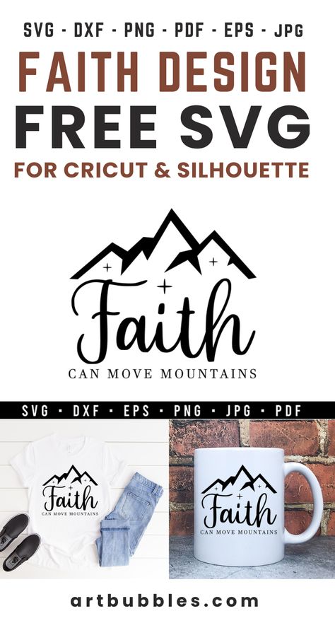 This Faith SVG File is a freebie for crafters to make faith shirts & faith mugs using Cricut, silhouette, etc. Crafters can download this SVG file for free. A zip file contains SVG, DXF, PNG, EPS, JPG & PDF formats. Faith SVG design is now available for free. This design is perfect for printing on a variety of items like t-shirts, mugs, cards, signs, or anything else you can imagine! #faithsvg #faithfreesvg #faith #faithtshirt #faithmug #faithquotefreesvg #faithdesign #faithfilesvg Faith Svg Files Free, Free Christian Svg, Religious Imagery, Christian Imagery, Faith Shirts, Faith Moves Mountains, Faith Tshirts, Meaningful Artwork, Using Cricut