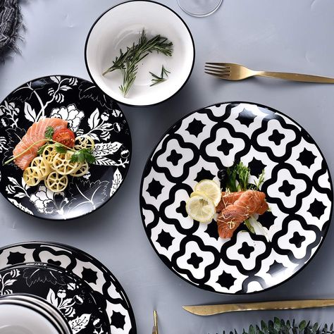 Dinnerware Sets Black And White, Black Plate Set, Black And White Crockery, Black Dining Plate Set, Dish Sets Dinnerware, Black Dinning Plates, Ceramic Dish Set, Bone China Dinnerware, Square Dinnerware Set