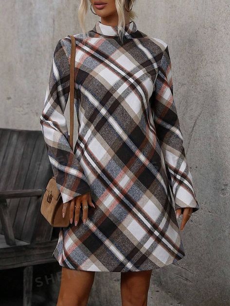 SHEIN LUNE Plaid Print Mock Neck Tunic Dress | SHEIN USA Mock Neck Tunic Dress, Plaid Tunic, Plaid Print, Dress P, Tunic Dress, Women Clothing, Mock Neck, Woven Fabric, Fall Outfits