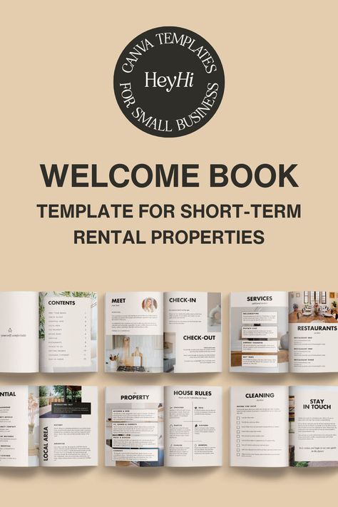 Welcome book template mock-up showing the template, front page, and some of the content pages "for short-term rental properties & Airbnb rentals" Vacation Rental Business, Printable House, Cleaning Checklist Template, Rental Property Management, Guest Check, Property Manager, Guide Template, Rental Business, Book Templates