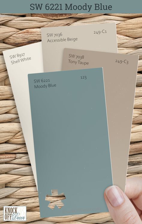 Finding the right colors to accompany Sherwin-Williams Moody Blue is like composing a beautiful melody. I've chosen tones that resonate with its richness, crafting an inviting and stylish atmosphere. Here is an example, with SW Tony Taupe, Accessible Beige, and Shell White. Peek into my full-color symphony by clicking for my full review and top palettes. Greige With Blue Undertones, Pale Blue Color Scheme, Blue And Cream Colour Palette, Taupe And Blue Bathroom, Accessible Beige And Blue, Blues That Go With Accessible Beige, Sw Shell White, Navy And Light Blue Color Palette, Neutral Blue Palette