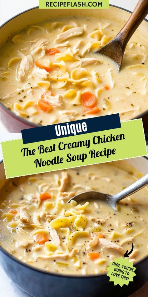 Warm up with the ultimate comfort food! This creamy chicken noodle soup recipe features tender chicken, hearty noodles, and a rich, velvety broth. Perfect for chilly days, this soup is not only delicious but also quick to make. Enjoy a bowl of happiness that soothes the soul! Comfort Chicken Noodle Soup, Chicken Noodle Soup Recipe Stove Top, Best Chicken Noodle Soup Recipe When Sick, Roasted Chicken Noodle Soup Recipe, Chicken Vegetable Noodle Soup Recipes, Diy Chicken Noodle Soup Easy, Hearty Chicken Noodle Soup Homemade, Homemade Campbells Chicken Noodle Soup, Chicken Noodle Soup With Reams Noodles