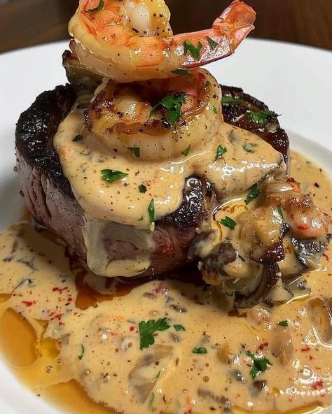 Filet Mignon with Shrimp and Lobster Cream Sauce Shrimp Cream Sauce, Fancy Meals, Lobster Cream Sauce, Lobster Sauce, Steak And Lobster, Mignon Steak, Filet Mignon Recipes, Filet Mignon Steak, Roasted Fingerling Potatoes