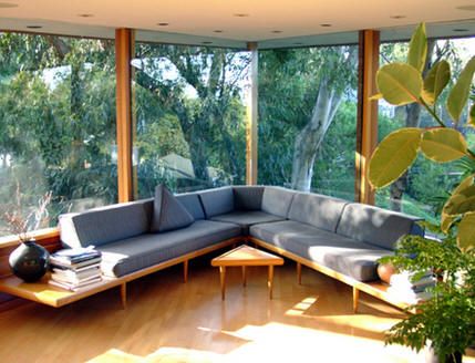 Triangular Living Room, Triangle Living Room, Triangular Room, Built In Couch, Built In Sofa, John Lautner, Modernist House, Corner Window, Built In Furniture