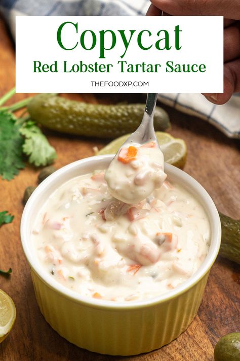 Indulge in the flavors of the sea with this Copycat Red Lobster Tartar Sauce. Perfectly balanced, creamy, and tangy, it's a must-try for seafood lovers. Copycat Red Lobster Tarter Sauce, Red Lobster Pina Colada Dipping Sauce, Steak With Lobster Sauce, Captain Ds Tartar Sauce Recipe, Red Lobster Tartar Sauce Recipe, Sauce For Lobster, Cowboy Dip, Copycat Red Lobster, Seafood Sauce