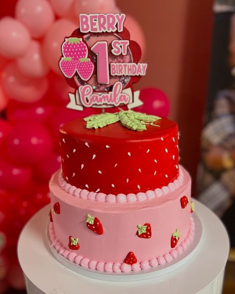 Camila's Berry First Birthday 🍓✨ Topper by @kjdesignz_ . . . #berryfirstbirthday #berrythemedcake #strawberryshortcakecake #strawberrythemedparty #dippedtreats🍫 #clintonnc🍰🍓 #cakesofinstagram🎂🍰 #explorepage✨ Strawberry Cake For 1st Birthday, Berry First Birthday Strawberry Shortcake, Berry First Bday Cake, Strawberry First Birthday Theme Food, Strawberry First Birthday Theme Decor, Strawberry First Birthday Party, Berry First Birthday Cake Ideas, Strawberry 1st Birthday Photoshoot, Strawberry Cake Designs