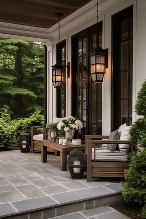 Front Porch With French Doors, Paver Patio Front Yard, Mediterranean Porch Decor, Pretty Front Porch Ideas, Beautiful Porches Southern Living, Front Porch Lounge Ideas, Large Front Porch Furniture Ideas, Large Back Porch Ideas, Black Front Porch Ideas