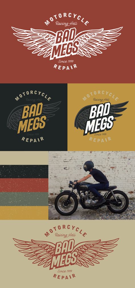 Bad meg Motorcycle Repair Hand Lettered Logo Design by Type Affiliated for Bad Meg's Motorcycle, a fictional motorcycle repair shop. Masculine branding vintage inspired logo. #handlettering #lettering #letteringdesign #masculinebranding #motorcyclebranding #motorcyclelettering Motorcycle Repair Shop Logo, Motorcycle Brand Logo, Motorcycle Logo Design Ideas, Motorcycle Branding, Motorcycle Club Logo, Type Affiliated, Motorcycle Repair Shop, Masculine Branding, Moto Logo Design