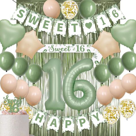 PRICES MAY VARY. 【Sweet 16th Birthday Decorations Set】The set includes a sage green “HAPPY SWEET 16” banner, a sage green “Sweet 16” sash, a sage green “Sweet 16” cake topper, a 40-inch sage green 16 number balloon, 5 x white gold confetti balloons, 14 x latex balloons(7 sage green,7 beige ), 2 x beige star balloons(18’’), 2 x sage green heart balloons(18’’) and a olive green fringe curtains, everything you need in one kit. 【Quality 16th Birthday Party Decorations】The 16th boys girls birthday ki 21 Birthday Party Decorations, 18th Birthday Gifts For Girls, Sweet 16 Party Decorations, Green Balloons, 18th Birthday Decorations, 16th Birthday Decorations, Elegant Birthday Party, Sweet 16 Decorations, 21st Birthday Decorations