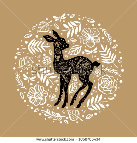 Silhouette of little baby deer, fawn in the flower pattern circle. Hand drawn design elements. Vector illustration. Nursery scandinavian art. Scandinavian Illustration, Nursery Scandinavian, Folk Illustration, Modern Folk Art, Deer Illustration, Arte Folk, Deer Fawn, Flower Stock, Deer Art