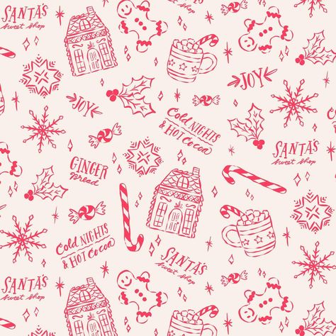 It’s “officially” cozy fire and hot cocoa season in our house (declared by my 5 year old). A simple and sweet holiday pattern featuring what I like to imagine is a little sweet shop at North Pole HQ 🎅🏻🍪☕️🎅🏻🎄 #bakingspiritsbright #santaart #printandpattern #bowseason #surfacepatterndesigner #patterndesign #patternmaking #surfacepattern #patternlicensing #textilepattern #holidayart #fabriccollection #ribbon #bows🎀 #gift wrapping #holidaypattern #christmasdecorations #artlicensing #artlicensi... Textures For Editing, Christmas Icing, Gingerbread Pattern, Winter Graphics, Bow Season, Christmas Eve Boxes, Gingerbread Party, Christmas Gift Packaging, Retro Illustrations