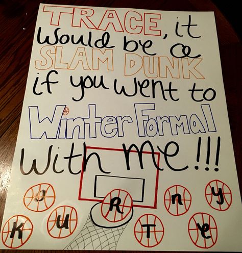 Basketball Promposal idea Basketball Themed Promposal, Prom Posals Ideas Basketball, Sadies Dance Proposals Basketball, Basketball Winter Formal Proposal, Hoopcoming Ideas, Snowball Asking Ideas, Dance Proposal Basketball, Winter Formal Proposal Basketball, Basketball Proposal Ideas