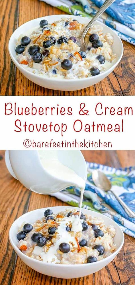 Blueberries and Cream Almond Oatmeal Oatmeal With Blueberries Breakfast, Blueberries And Cream Oatmeal, Oatmeal And Blueberries, Blueberry Pie Oatmeal, Stovetop Oatmeal Recipes Breakfast, Oatmeal Recipes Blueberry, Thm Oatmeal Recipes, Stovetop Oatmeal Recipes, Arbonne Meals