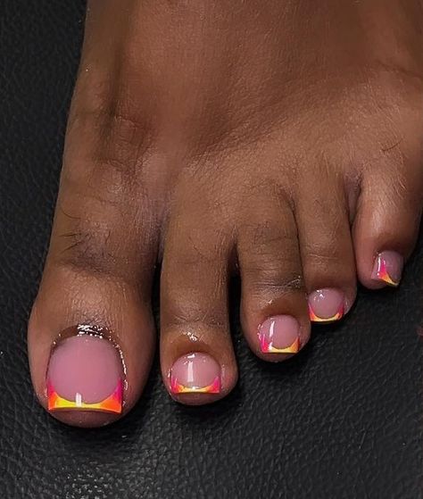 Pedi French Tip Art Designs, Colorful French Pedicure, French Tips Toenails, Red French Toes, Cute Toes Nails Designs, Orange French Tip Toes, Ombre Toenails, French Toe Nail Designs, Pedicure French