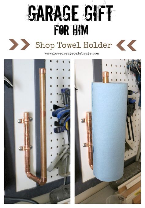 Shop Towel Holder [for Him] -simple DIY for his garage made using copper pipe! #copper #industrial #garage #gift #fathers #day #birthday #him #man #shop Shop Towel Holder, Garage Gift, Diy Gifts For Him, Quick Diy, Burlap Pillows, Towel Holder, Cool Diy Projects, Easy Gifts, Bedroom Diy