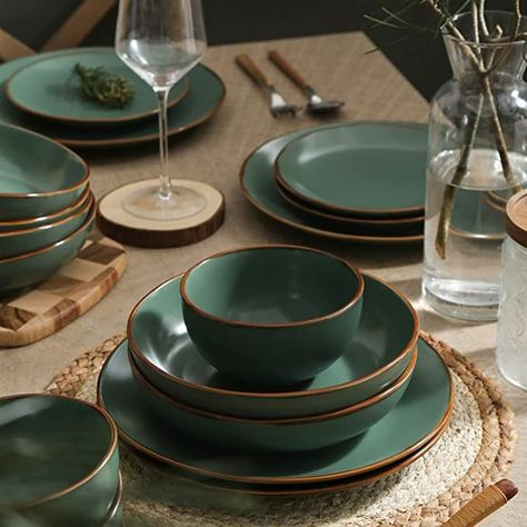 Stone lain Brasa Stoneware Dinnerware Set, 16-Piece Service for 4, Green Green Dinnerware Table Setting, Green Plates Dinnerware, Green Dishes Set, Dinner Ware Set, Dishes Sets Modern, Green Plates Table Setting, Green Crockery, Green Dinnerware Set, Kitchen Dinner Set