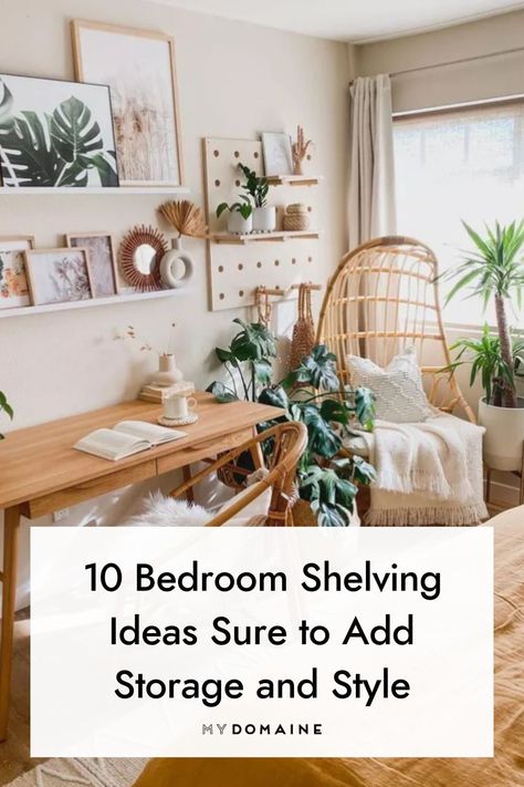 Shelving In Bedroom Ideas, Corner Shelving Bedroom, Shelf Styling With Plants, Shelf In Bedroom Ideas, Shelves Above Dresser Bedrooms, Bedroom With Floating Shelves, Bedroom Floating Shelves Decor, Floating Shelves For Bedroom, Floating Bedroom Shelves