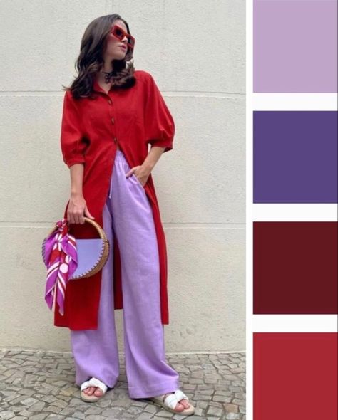 Styling Purple Jeans, Color Coded Outfits, Burgundy And Navy Outfit, Lilac Color Combinations Outfit, Red Color Combinations Outfits, Purple And Red Outfit, Bright Spring Outfits, Lavender Outfit, Red Color Combinations