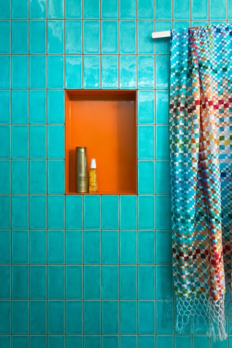 Gallery of Casa de Gatos / WOWOWA Architects - 6 Wowowa Architecture, Orange Shelves, Teal Tile, Multiple Mirrors, Light Wood Cabinets, Orange Bathrooms, Modern Appliances, Modern Home Furniture, Blue Bathroom