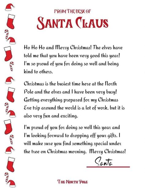 Free Printable Letter From Santa! Use this Santa letter to send to your children. Instructions included for how to get a postmarked letter from the North Pole for Free! #lettersfromsanta #personalizedletterfromsanta Santa Reply Letters Free Printable, Santa Reply Letter Template, Free Letters From Santa Printable, Letters From Santa Printable Free Kids, From Santa Letter Printable, Elf On The Shelf Santa Letter, Free Letter From Santa Printable, Letter From Santa To Kids Free Printable Editable, Free Santa Letter Printable