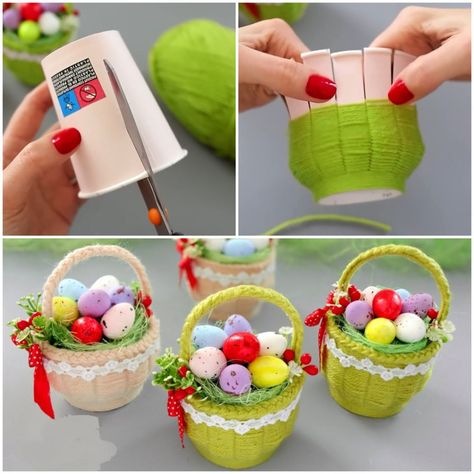 DIY Easter basket from paper cup & yarn 🐇🥚 | basket, Easter basket, yarn | DIY Easter basket from paper cup & yarn 🐇🥚 | By MetDaan Tips Making Baskets Diy, Easter Basket Diy Handmade, Paper Cup Basket, Yarn Easter Basket, Brownies Activities, Paper Easter Basket, Handmade Easter Basket, Easter Baskets To Make, Easter Basket Crafts