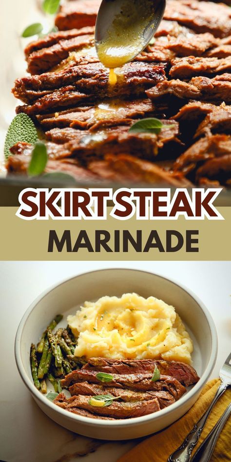 This skirt steak marinade is a delicious blend of citrus, fresh sage, garlic, and apple cider vinegar, providing a rich, tangy, and savory flavor that enhances the steak's natural taste. #skirtsteak #glutenfree Marinated Steak Recipes, Apple Cidar Vinegar, Skirt Steak Marinade, Skirt Steak Recipes, Roasted Chicken And Potatoes, Fresh Sage, Cider Recipe, Steak Marinade, Marinated Steak