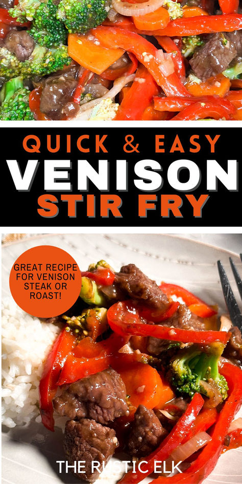 Looking for a healthy, filling, flavorful, and quick weeknight meal using up venison steak or venison roast? This delicious, quick and easy venison stir fry is full of flavor and comes together in a cinch. Fresh vegetables and tender, savory venison combine to make what will quickly become one of your favorite ways to use deer meat! Deer Stir Fry Recipes, Venison On Blackstone, Whole 30 Venison Recipes, Venison Beef Tips, Venison Steak Recipes Instant Pot, Backstrap Recipes Venison, Venison Stew Meat Recipes Crockpot, Crockpot Recipes Venison, Venison Meal Prep