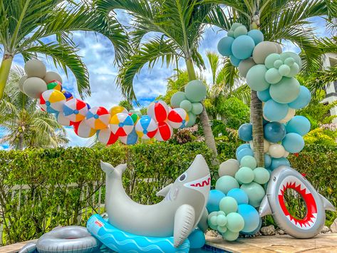 Beach Party Balloons, Beach Ball Balloon Garland, Beach Balloon Garland, Beach Balloon Arch, Beach Ball Garland, Shark Themed Birthday, My Sons Birthday, Beach Ball Birthday, Shark Balloon